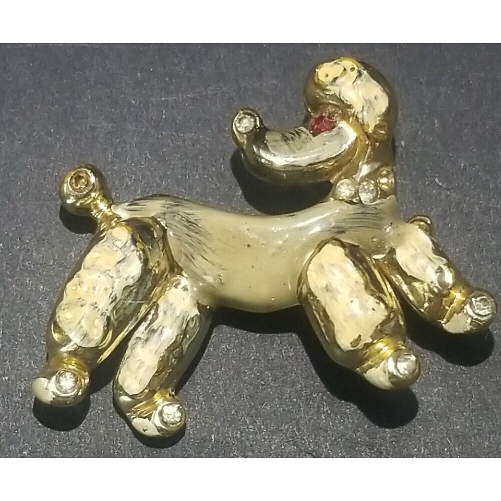 Vintage Poodle Pin Gold Tone Rhinestone Collar Feet. Red Rhinestone Eye Brooch
